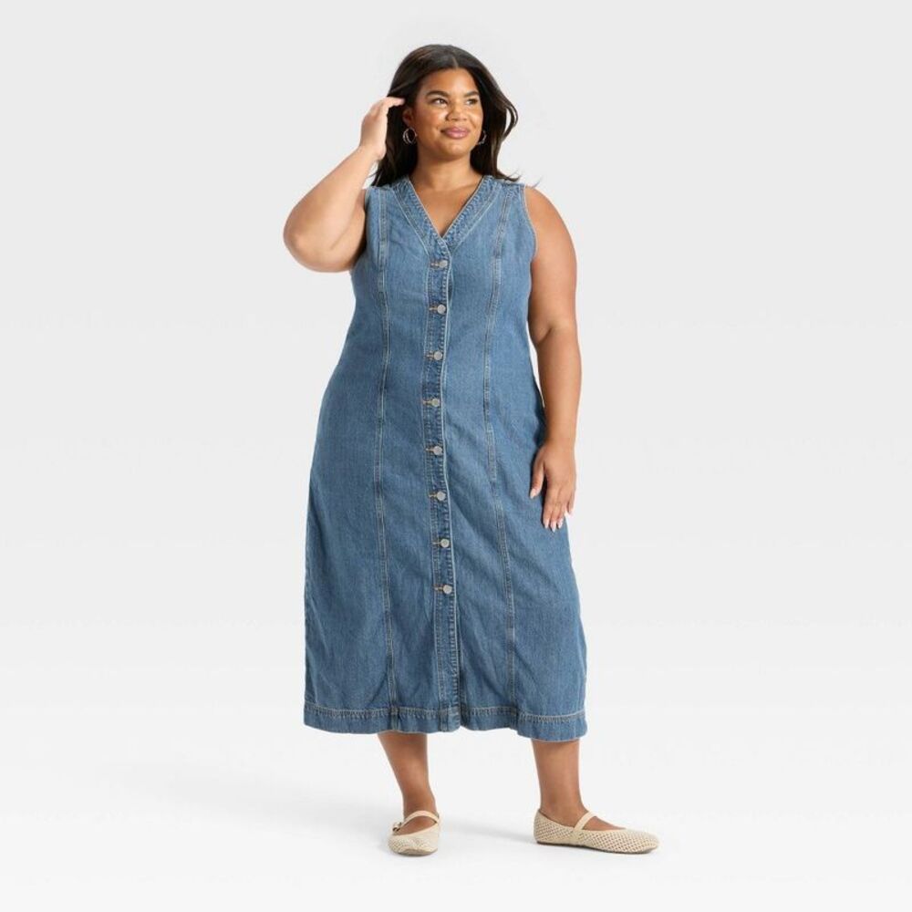 Universal Thread Blue Denim Strapless Button-Front Midi Dress
